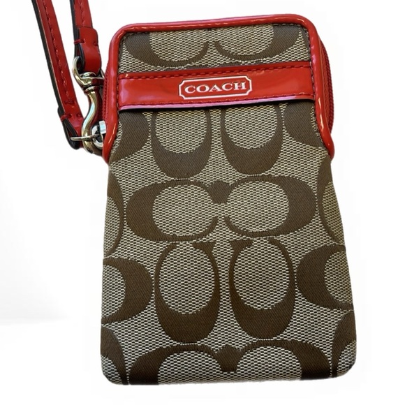 Coach Sutton Khaki Vermillion Orange Credit Card Wristlet Universal Case - Picture 2 of 6